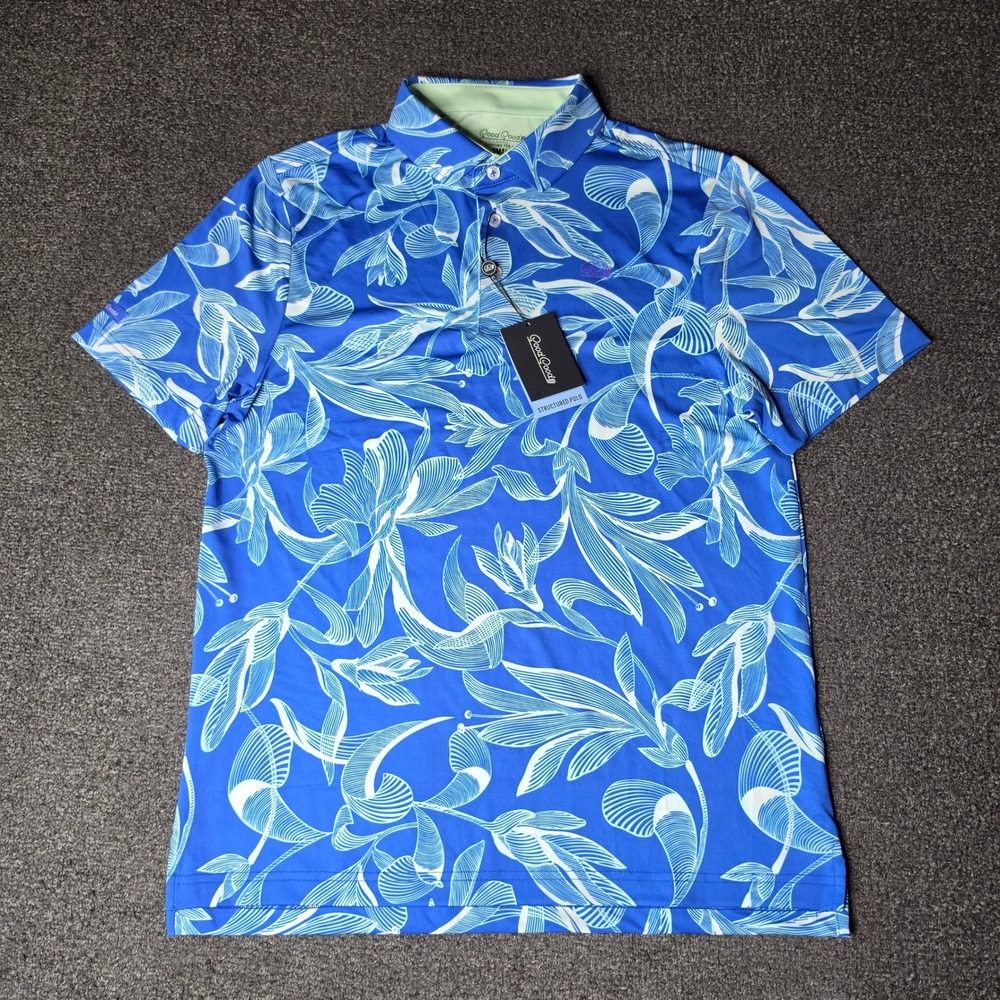 Good Good Lush Leaves Polo Blue Mens Small Floral Golf Shirt Performance NEW